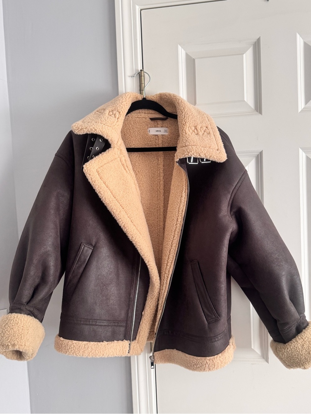 Mango Brown Faux Leather Aviator Jacket with Cream Sherpa